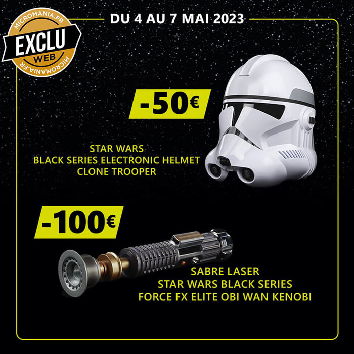 La réplique du casque du clone trooper et sabre d obi Wan sont en promo